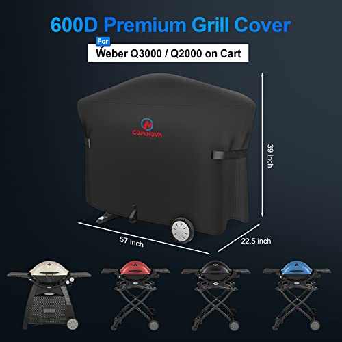 Image of Comnova Grill Cover for Weber Q Grill on Cart - 7112 BBQ Cover for Weber Q3000 /Q300 /Q2000 /Q200 with Portable Stand, 600D Heavy Duty & Waterproof BBQ Cover for Weber Q3200, 3000, 320, 300 and More