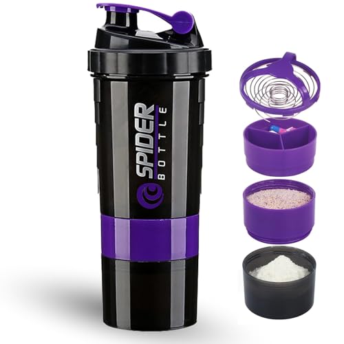DDUP Protein Shaker Bottle, 16oz 3 Layer Twist Off GYM Shaker Cup Shake Bottle with Mix Grid and Pill & Supplement Storage,Leak Proof Shaker for Protein Shakers (Purple)