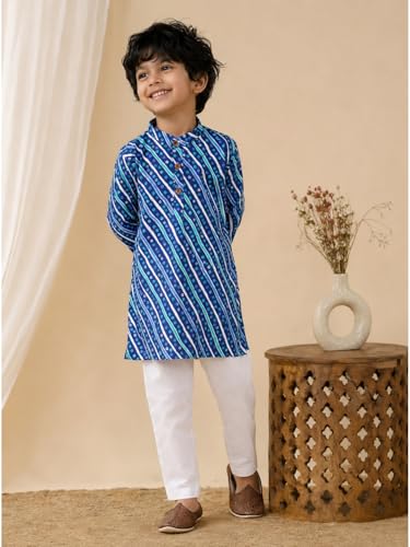 Image of superminis Cotton Boys Sanganeri Lehariya Printed Kurta Set with White Pyjama Elastic Closure