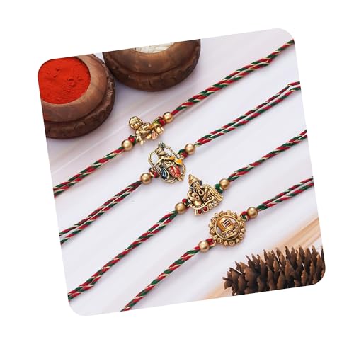 Image of eCraftIndia Set of 4 Golden Laddu Gopal, Lord Krishna Playing Flute, Lord Ganesha, and Shivling Religious Rakhis with Green Red Threads, and Roli Chawal Pack