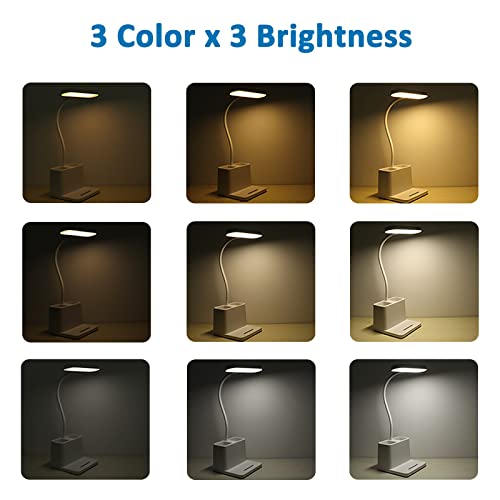 Lampe de Bureau LED 5W, 3 Modes d’éclairage et 3 Luminosité Réglable, USB Lampe de Bureau pour Enfants Rechargeable, Col de Cygne Flexible, Avec Porte-Stylo et Support pour Téléphone Portable, Blanc - Image 3