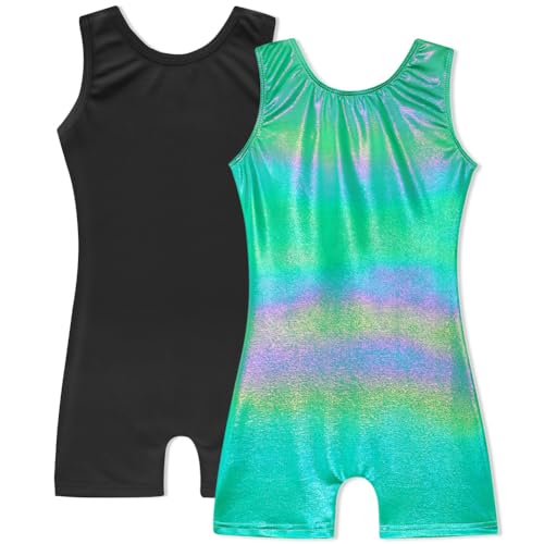 HOZIY 2 Pack Girls Gymnastics Leotards for Kids Toddlers Dance Outfits with Shorts Biketards Tumbling Clothes Sparkly 2-3T Black+green