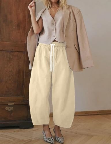 Wyeysyt Barrel Jeans Women Wide Leg Elastic Waistband Cotton Pants Baggy Palazzo Pants with Pockets(Beige-S)3