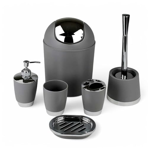 6tlg Badset Badezimmer Zubehör Set Organizer: Seifenspender, Zahnputzbecher, Kosmetikeimer, WC Bürste und Halter, Seifenschale, Mülleimer, Zahnbürstenhalter, Badgarnitur (Grau Dunkel Design 1)
