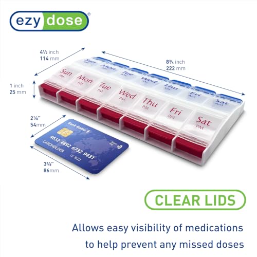 Image of Ezy Dose Weekly (7-Day) AM /PM Pill Organizer, X-Large Planner, Blue /Red | Daily Vitamin, Supplement & Medicine Case, 2 Times a Day Push Button Compartments, Arthritis & Travel-Friendly, BPA-Free