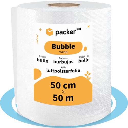 packer PRO Rollo Plastico Burbujas Embalaje, 50cm Ancho (A) y 50m Longitud (L). Papel burbuja ideal para Mudanzas, Embalajes y Envíos