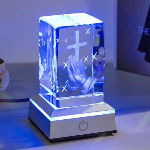 Image of 3D Praying Hands Crystal Night Light with Multicolor LED Base Glass Laser Engraved Cross Figurine Religious Christian Gifts for Men Women Birthday Christmas Room Home Decor