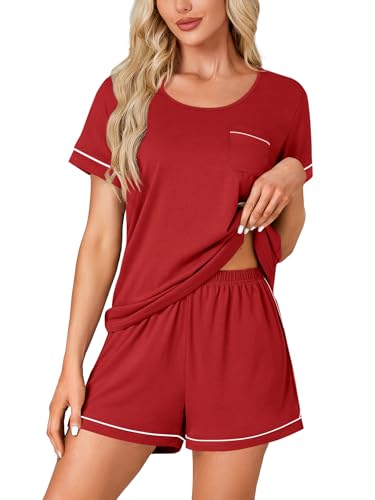 Rooscier Women's Pajama Set Short Sleeve Scoop Neck Pocket Top With Shorts Sleepwear Red X-Large