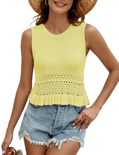 Image of VIMPUNEC Womens Crochet Crop Tank Tops Sleeveless Knit Sweater Vest Ruffle Hem Summer Top