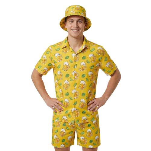 Joyesplay Hawaii Hemd Männer 3 Pcs Hawaii Outfit Herren mit Flamingo Hemd Shorts Fischerhut Hawaii Hemden für Sommer Beach Hemd Poolparty (Bier XL)