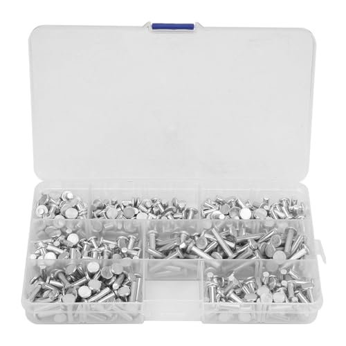 Solid Rivets Kit - Flat Head Design Multiple Solid Rivets Assortment Kit Length 4/6/8/10/12/16/20mm with Plastic Box for Industrial Fastening