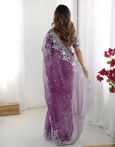 Image of SIRIL Women's Organza Sequence Embroidery Saree With Unstitched Blouse Piece