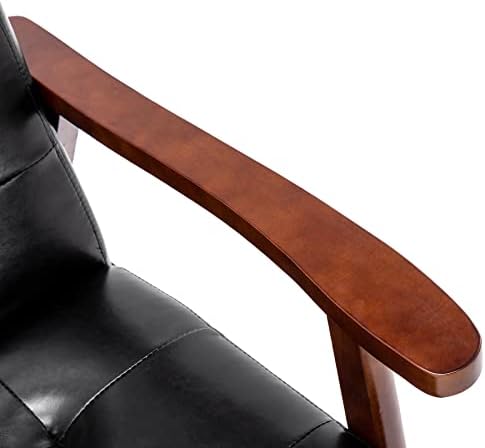 HomeMiYN Mid-Century Armchairs Retro Tufted Faux Leather Accent Chair with Wood Arms Vintage Upholstered Club Chair for Living Room Bedroom (Black)