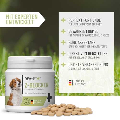 ReaVET Z-Blocker Tabletten 120 Stück – Mit Bierhefe, Schwarzkümmel & Kokos I 8 Monatsrationen für Hunde Aller Rassen & jeden Alters I Optimal für Hunde für Jede Jahreszeit