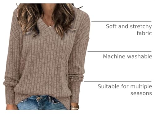 Image of Womens Sweaters V Neck Long Sleeve Shirts Loose Casual Fall Fashion Sweatshirts
