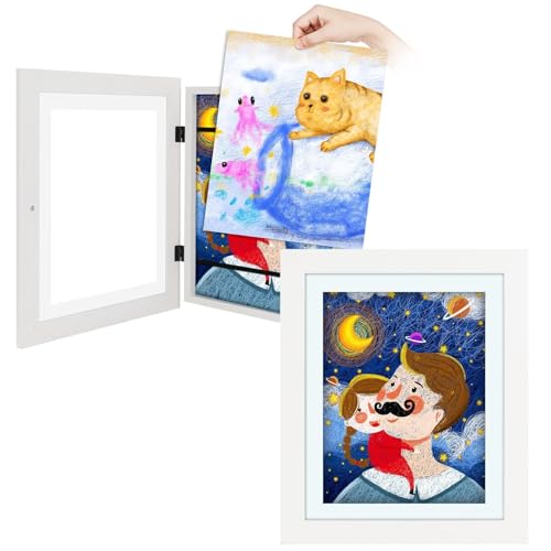 Frametory 2 Pack Magnetic Kids Art Frames, 10x12.5 Inch Artwork Display Storage Frame for Drawings & Photos, White Front Opening Frame Changeable for Wall, Holds Up to 50+ Crafts, 3D Paintings