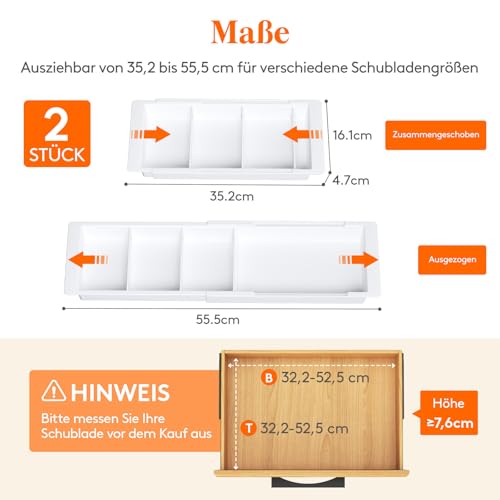 Lifewit 2 Stück Schubladen Organizer, Verstellbar Schubladentrenner, 35.2-55.5 cm länge und 4.7 cm hoch, Hängend Kunststoff Schminktisch Organizer für Kosmetik, Make up, Küchen, Büro, Weiß
