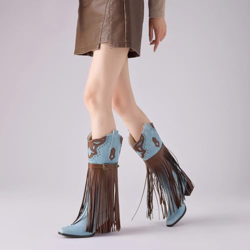 Cowboy Boots for Women Fringe Embroidered Western Knee High Cowgirl Boots Chunky Heels Pointed Toe4