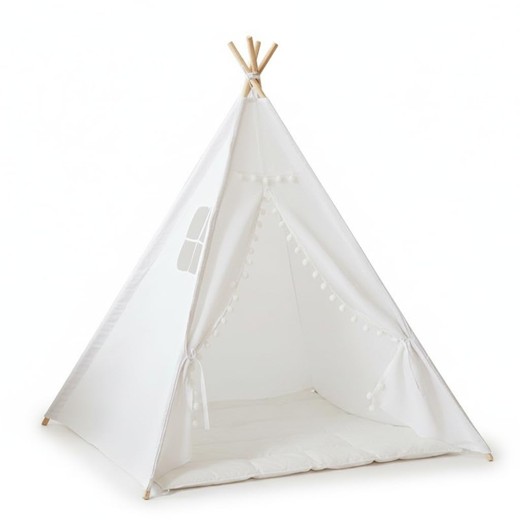 Tipi Zelt für Kinder Indoor aus Canvas und Holz – Gemütliches Spielzelt für Kinderzimmer mit Pompons als Kinderzimmer Deko