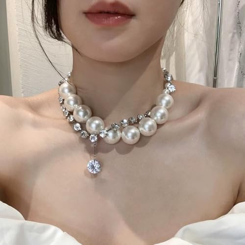 Chunky Pearl Choker Necklace For Women Big Pearl Necklaces Exaggerated Large Pearl Necklaces Layered rhinestone pendant choker Statement Necklace Wedding Jewelry Gifts For Women4