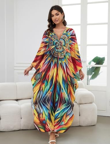 Image of KECVOT Kaftan Dresses for Women Plus Size Batwing Sleeve Caftans Long Bathing Suit Cover Up Maxi Beach Dress Loungewear