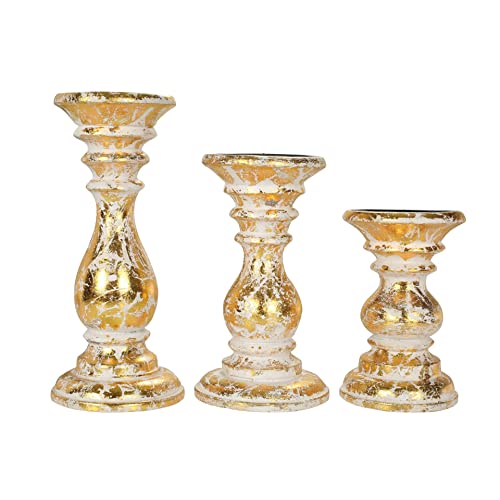 Antique Textured Candle Holder Stand Wooden, Candle Pillar Stand For Country Style, Reiki, Aromatherapy, Spa, Living Room, Sustaibalbe Wooden Home Table Décor - 10, 8, And 6 Inch - Gold Foil White #TOP4