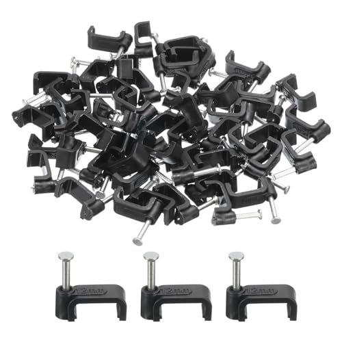 uxcell 50 piezas clips para cables con clavos de acero 12 mm para organización y sujeción de cables, negro miniatura 1