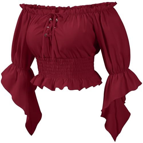 Womens Renaissance Victorian Peasant Shirt Pirate Blouse Cosplay Costume Bell Sleeve Tops(JRD L) Wine Red