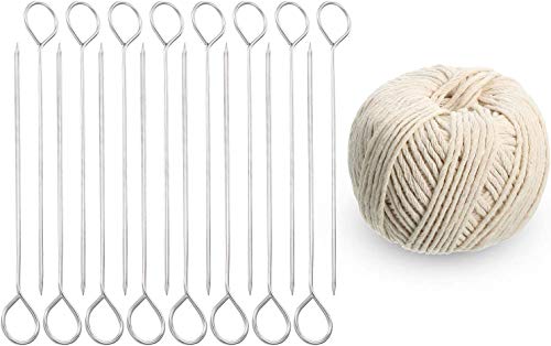6 Inch Turkey Lacers Meat Roasting Trussing Needles Stainless Steel Barbecue Skewers with Cooking Cotton Twine String for Turkey Meat Poultry Shrimp Vegetable Grilling Supplies 17 Pieces