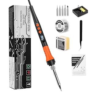 Soldeerboutset, 90 W led-soldeerbout met instelbare en vergrendelde temperaturen 180 °C – 480 °C, 5 soldeerpunten, soldeerdraad, soldeerbouthouder, pincet, soldeerset voor elektrische werkzaamheden