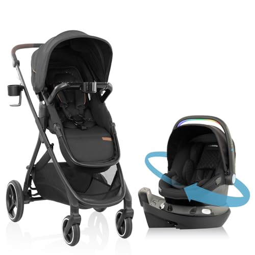 Image of Evenflo Shyft Intuiti+ Travel System Featuring Revolve180 LiteMax NXT Preemie and Infant Car Seat with SensorySoothe and Green & Gentle (Jasper Black)