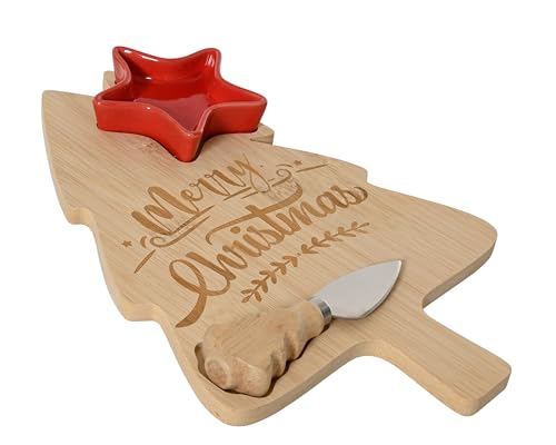 Planche à découper en bambou avec couteau et coupelles 30 x 20 cm – Inscription Merry Christmas – Planche à découper en bois en forme de sapin et bol...