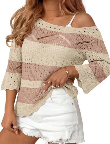 Image of Rapbin Womens Crochet Hollow Out Knit Tops 3 /4 Sleeve Spring Summer Sweaters Beach Cover Ups for Women Trendy 2026