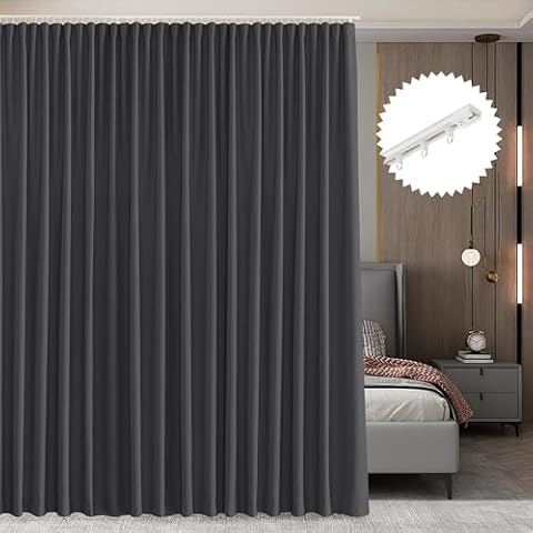 RYB HOME Room Divider Curtain Set with Sliding Track Room Partition for Bay Windows/Bedroom/Living Room/Basement/Patio/Sliding Glass Door Blackout Privacy Assured, W 100 x L 84 in, Grey, 1 Panel Cover
