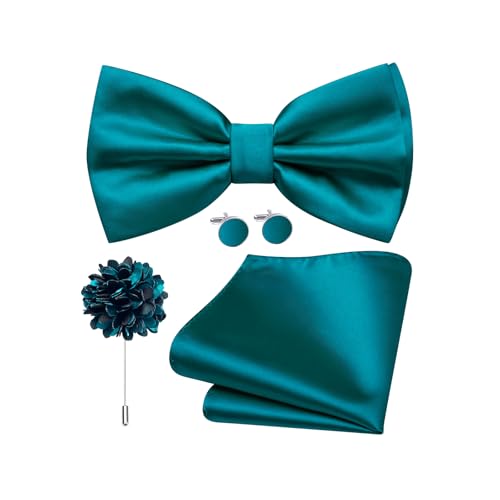 Dubulle Mens Teal Bow Ties Set Pre-tied Satin Adjustable Bowties Pocket Square Lapel Pin Cufflinks 4PCS Set Business Wedding