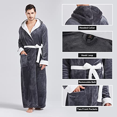 Image of FashGudim Mens Robes Big and Tall with Hood Two-Tone Flannel Fleece Contrast Bathrobe Full Length Plush Long Robe House Coat