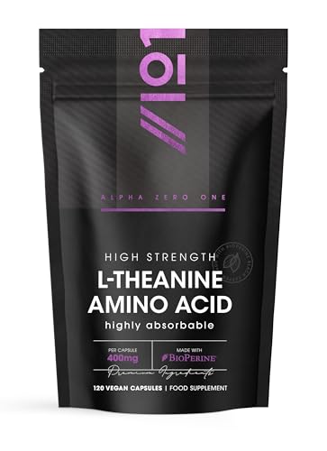 L-Theanine 400mg with BioPerine - 120 Vegan Capsules - Highly Bioavailable - Resealable and Recyclable Pouch - 6 Months Supply by Alpha01