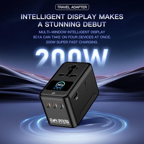 Image of MX 200W GaN Universal Travel Adapter Smart LCD Display Fast Charging Station, Multi Device Charger, USB-C PD 100W International Plug Adapter for 200+ Countries | MacBook, iPhone, Samsung & Laptop