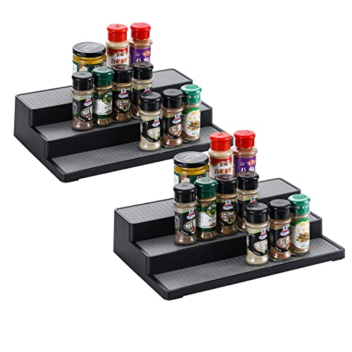 YCOCO Gewürzregal aus Kunststoff, 3-stöckig, rutschfest, wasserdicht, für Gewürzflaschen, Gläser, Gewürze, Backzubehör, 2 Stück, Schwarz Cover