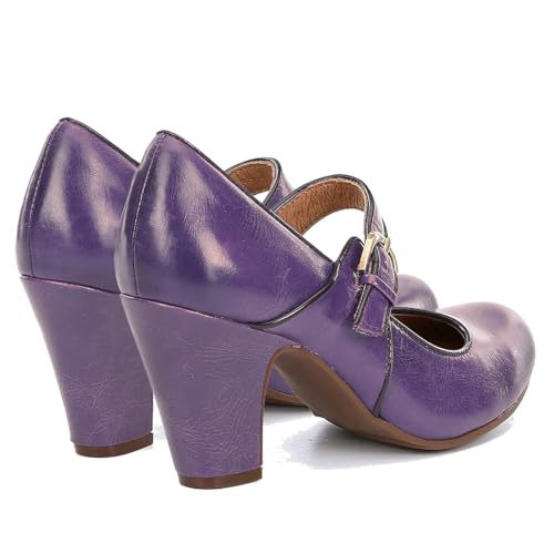 Image of SHODENSE Women Vintage Chunky High Heel Mary Jane Shoes Round Closed Toe Ankle Strap Dress Sandals 3 inch Block Heels Mary Jane Lolita Pumps Two-Toned Patchwork Buckle Office Lady Wedding Retro 4-11 M US