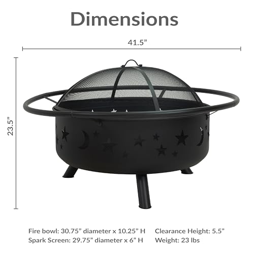 Image of Sunnydaze Cosmic 42-Inch Large Outdoor Fire Pit - Wood-Burning Firepit for Outside Patio, Backyard, Deck - Steel - Wood Grate, Spark Screen, and Fireplace Poker Included - Black - 31 inch Bowl Diameter