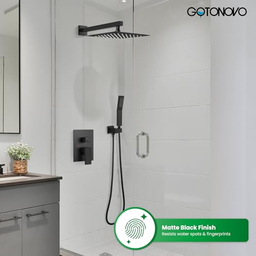 gotonovo Rainfall Bathroom Shower System Rain Shower Head and Handle Set Wall Mounted Shower Complete Combo Solid Brass Pressure Balancing Shower Mixer Valve 12 Inch Matte Black by gotonovo - Used condition - Image 2