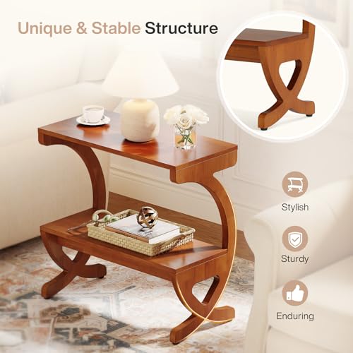Image of Tribesigns 2PCS Solid Wood End Table, Narrow 2-Tier Side Table with Storage Shelf, Mid Century Accent Bedside Table with Curved Crossed Legs for Living Room, Bedroom, Small Spaces, Walnut Color