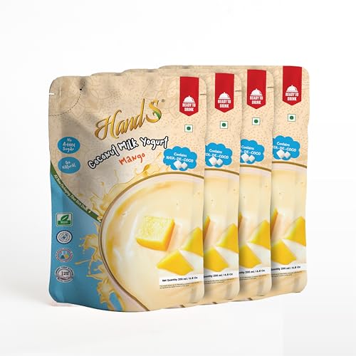 Image of HandS Flavoured Coconut Yogurt with Mango | Dairy-Free Plant-Based Vegan Yogurt Drink with Real Fruit Pulp & Palm Sugar | No Preservatives or Additives | 200g Each (Pack of 4)