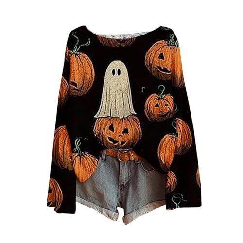 Halloween Sweaters for Women Cute Ghost Spooky Season Pumpkin Sweater Fall Crewneck Vintage Boho Pullover Tops
