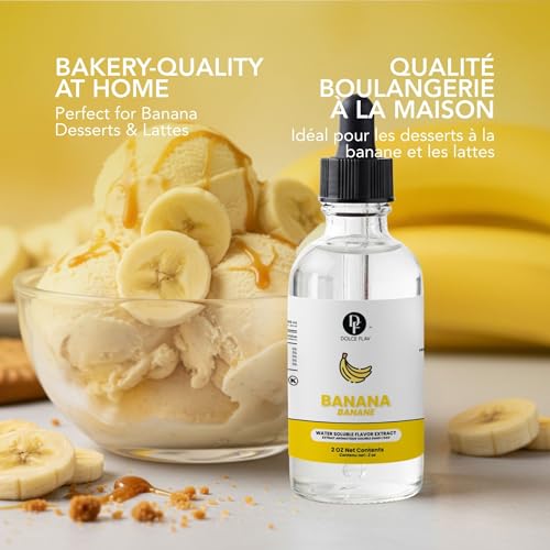 Image of Dolce Flav Natural Banana Extract - 2 oz Water-Soluble Pure Banana Flavoring Drops for Baking, Smoothies & Desserts | Sugar Free, Allergen Free, Kosher | Made in USA
