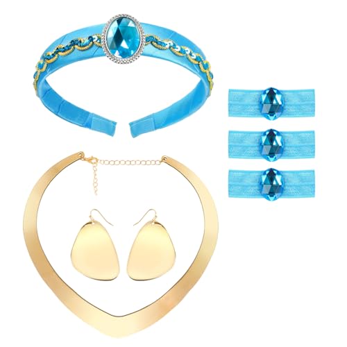 Pterosauria Princess Costume Accessories for Women girls include headband Gold Necklace and Earrings Hair Ties Halloween Dress Up Cosplay Party Supplies(7PCS)