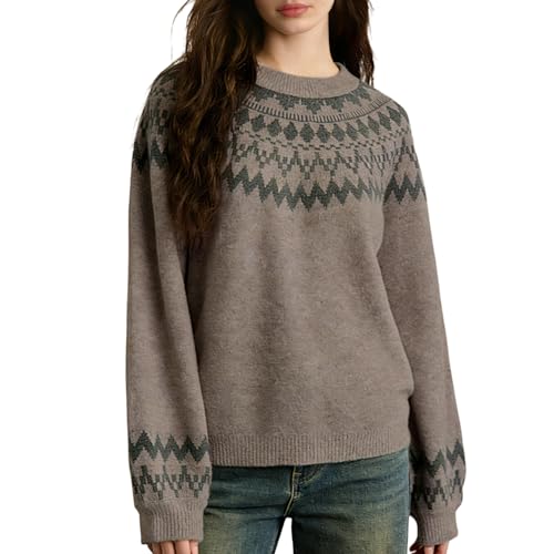 Quatrefox Womens Fair Isle Sweaters 2026 Vintage Sweater Colorful Crew Neck Long Sleeve Pullover Jumper Tops Camel L