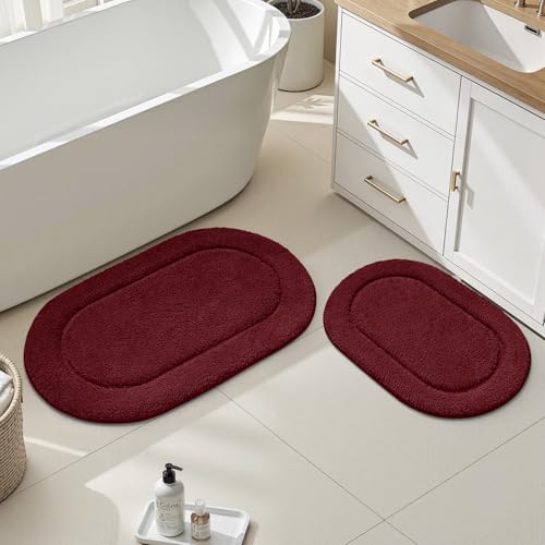 HOMEIDEAS Burgundy Red Bathroom Rugs Sets 2 Piece Soft Bathroom Mats and Absorbent Microfiber Machine Washable Bath Mats for Shower Room Bathtub Kitchen (20 x 32 + 16 x 24)