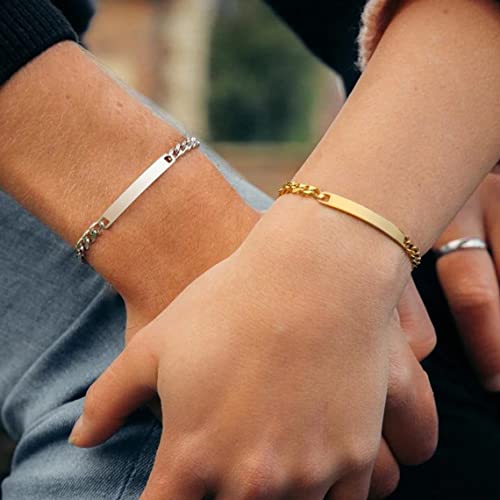 Gamtic Customize Matching Bracelet for Couples - 18K Gold Plated Silver Stainless Steel Couple Bracelets Set with Jewelry Box, Personalized Promise ID Bracelet Gift to Her Him Husband Wife